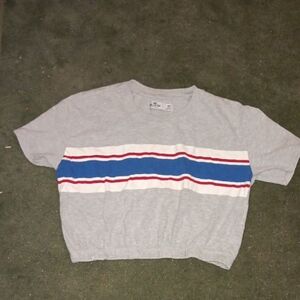 Hollister Gray Tee with Blue and Red Stripes